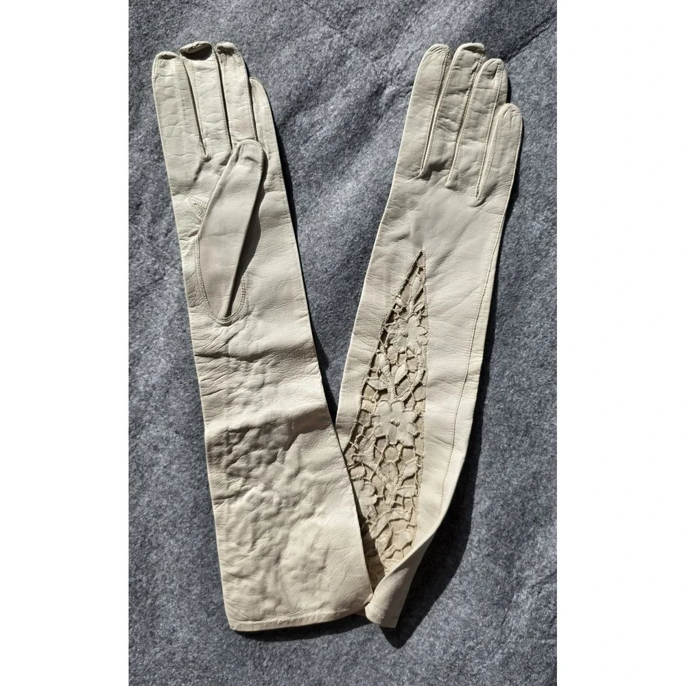 Vintage Kid Leather Gloves Floral Lattice Cut-Out Italian 50s Opera Bridal NWOT